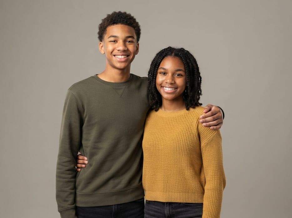 Two teenagers standing together and smiling, one with an arm around the other’s shoulder.