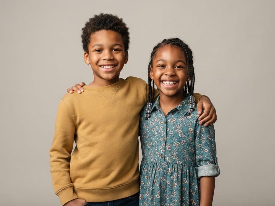 Two primary-school-aged children standing together and smiling, one with an arm around the other.