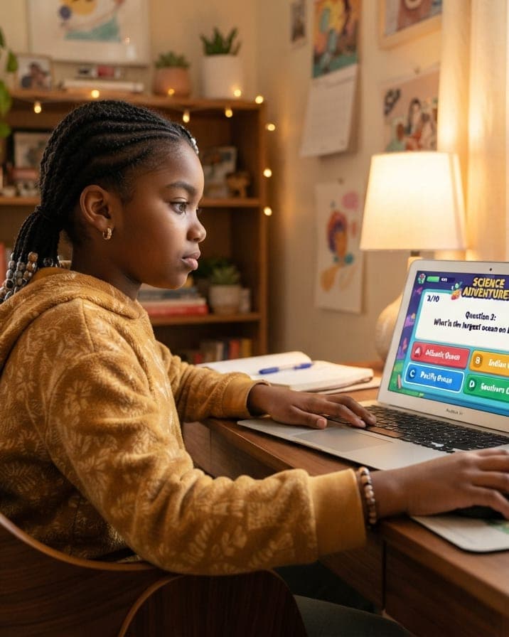 A girl at a desk in her bedroom concentrating on a colourful multiple-choice quiz on her laptop screen.