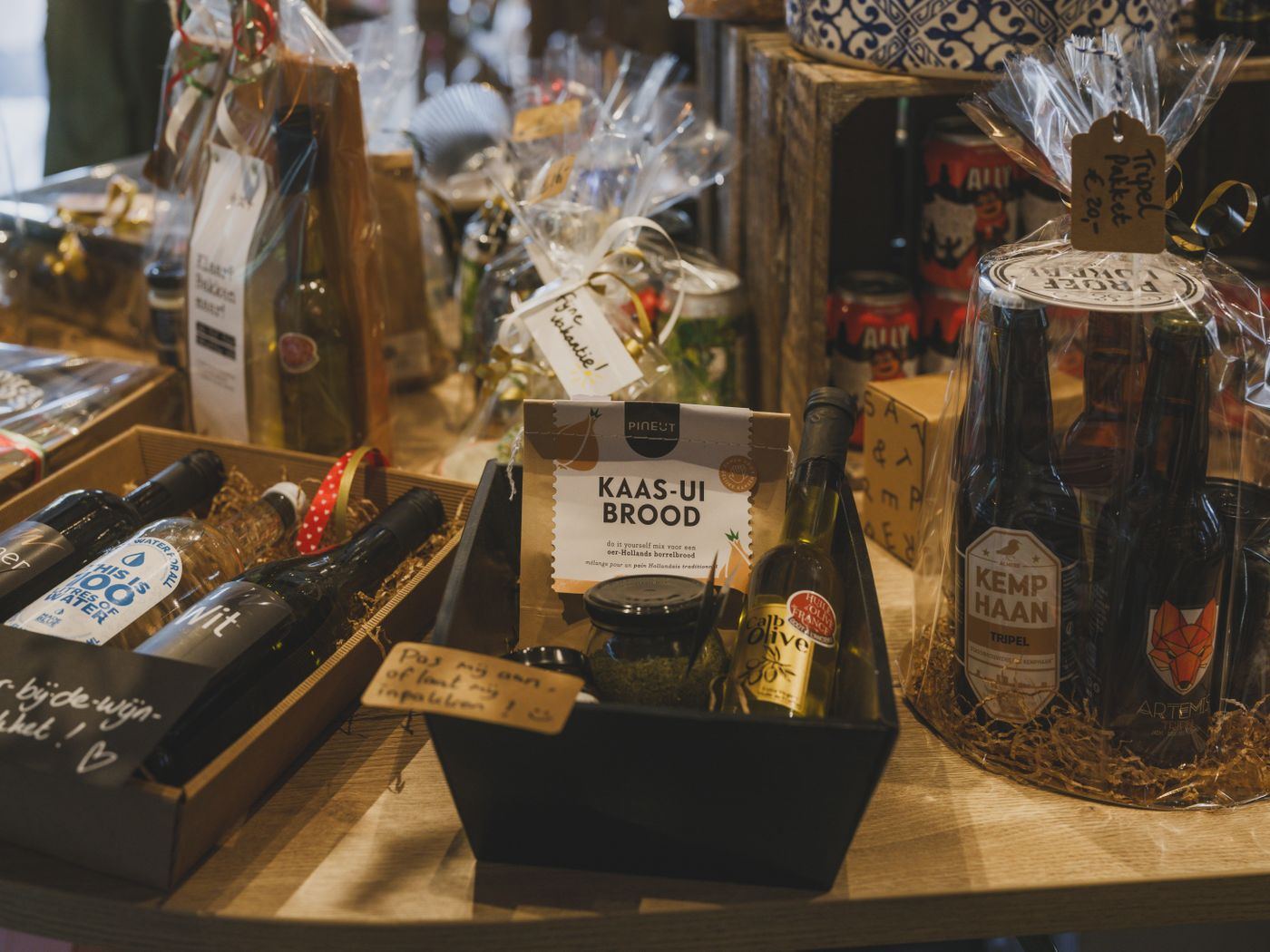 Gift hampers and local products arranged on a table
